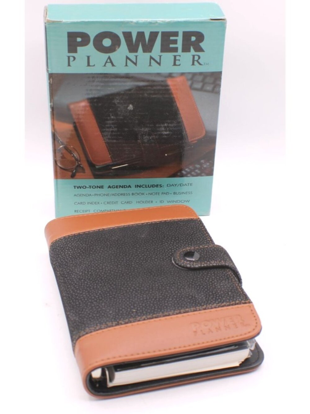 Power Planner Two-Tone Agenda Organizer Calculator Card Slots Notepad Pen ID Vtg